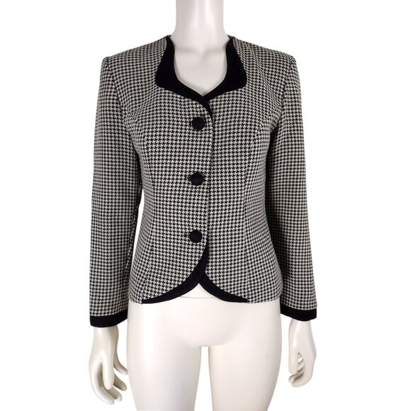 Vintage Jackets & Blazers - Vintage 1980s Black and Tan Houndstooth Tailored Button Down Jacket 4P